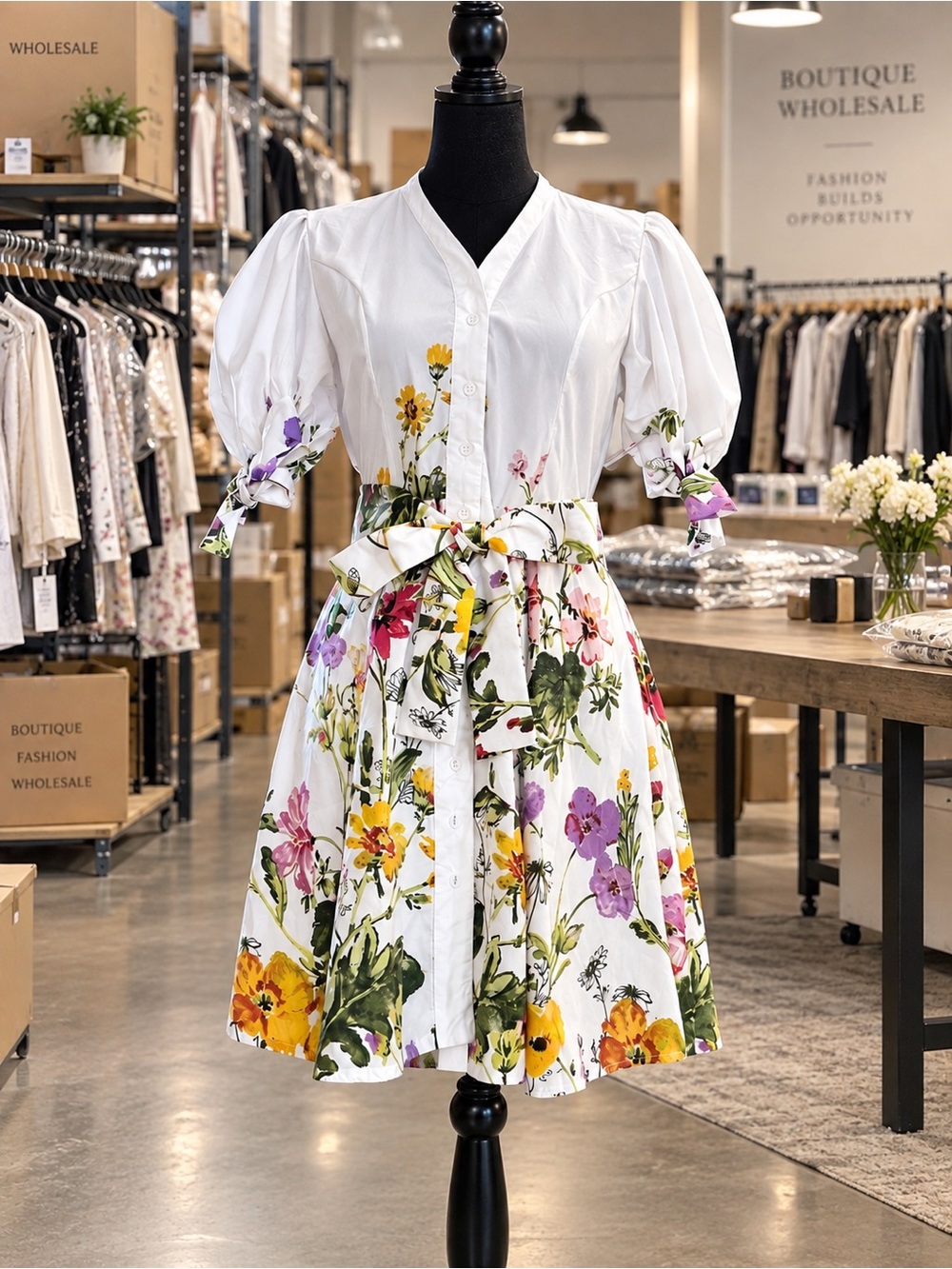 White Floral Button-Front Mini Dress with Puff Sleeves